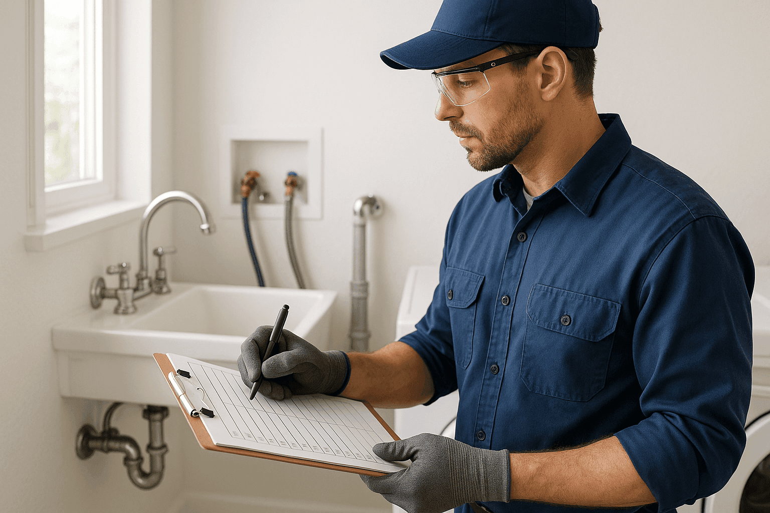 Plomero realizando una inspección multipunto de plomería en el cuarto de lavado